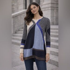 NIC+ZOE Colorblock Sweater Small Blue Gray High Low Hem Knit Tunic